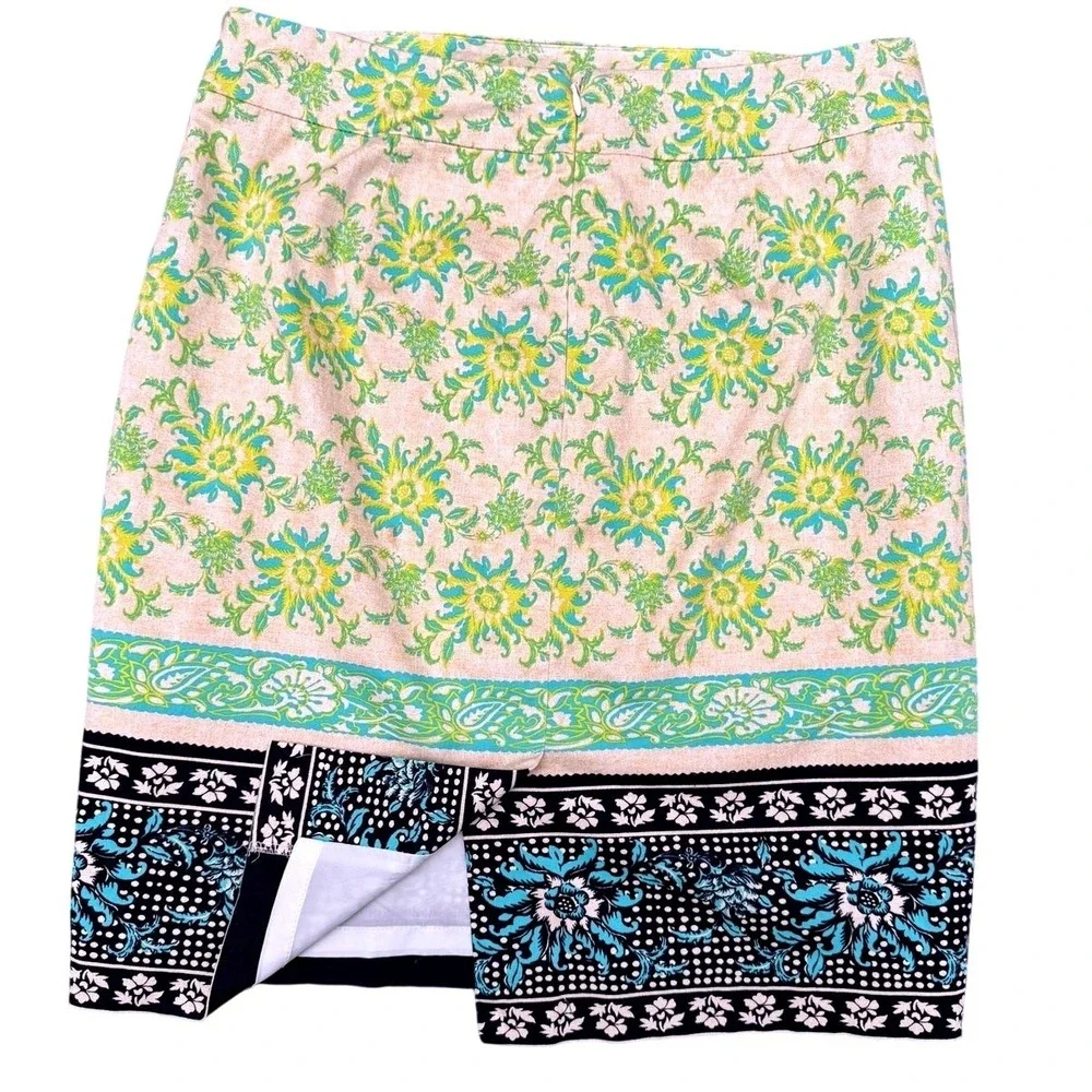 Ann Taylor Petite Floral Border Print Pencil Skirt Blue Green 6P Boho‎ Cotton